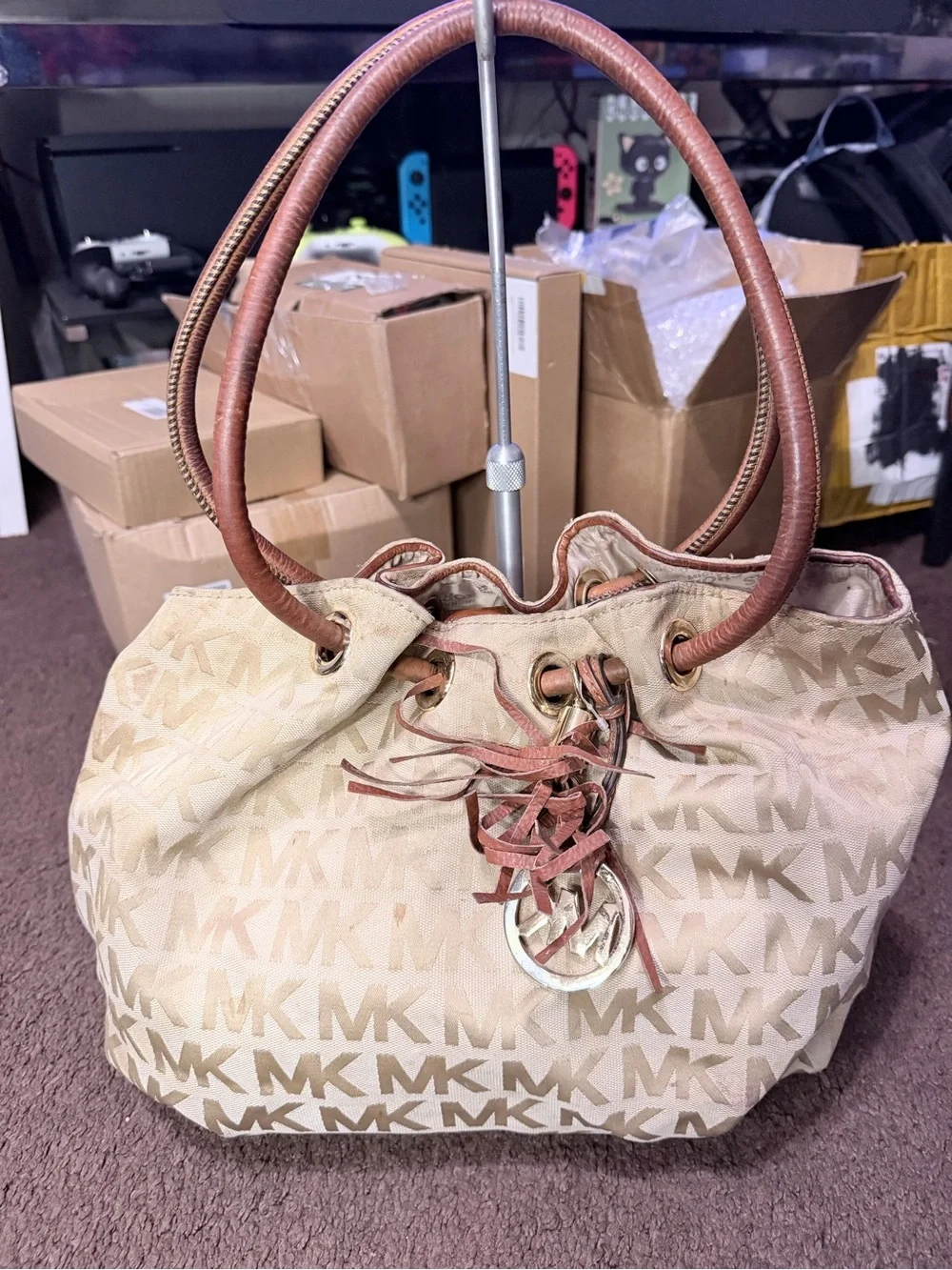 Michael Kors Beige MK Logo Drawstring Hobo with Brown Leather Handles